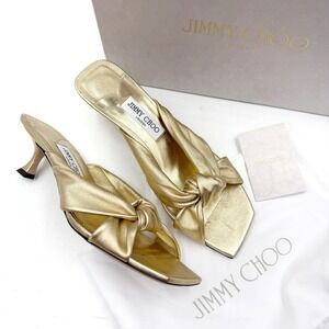 Jimmy Choo Avenue Sandals Metallic Gold Leather Knot Mule Kitten Heel Sz 40 / 10